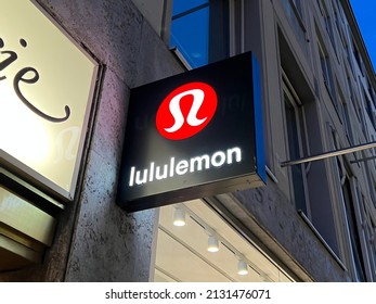 Munich, Bavaria Germany - February 22, 2022: Lululemon Athletica High End Fashion At Home Yoga Sports Wear Shop - Store Front  Logo In Munich Germany.