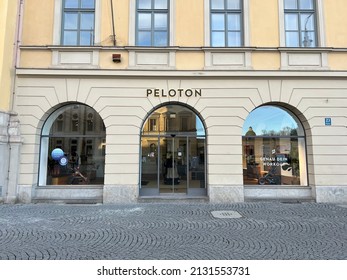 Munich, Bavaria Germany - February 22, 2022: Peloton High End Fashion At Home Fitness Bike Sports Store - Shop Front With Logo In Munich Germany.