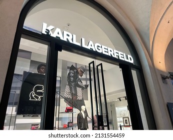 Munich, Bavaria Germany - February 22, 2022: Karl Lagerfeld High End Fashion Store - Shop Glass Front With Logo In Munich Germany.