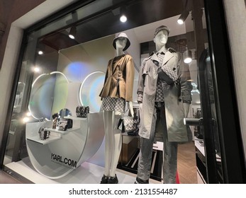 Munich, Bavaria Germany - February 22, 2022: Karl Lagerfeld High End Fashion Store - Shop Front Window Display In Munich Germany.