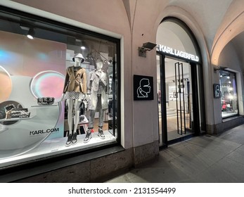 Munich, Bavaria Germany - February 22, 2022: Karl Lagerfeld High End Fashion Store - Shop Glass Front With Logo In Munich Germany.