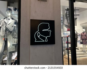 Munich, Bavaria Germany - February 22, 2022: Karl Lagerfeld High End Fashion Store - Shop Glass Front With Logo In Munich Germany.