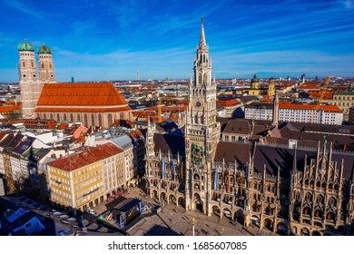 Munich, Bavaria / Germany - February 22nd 2020: Munich skyline with Marienplatz town hall in Germany from the top of St Peter's Church. 
