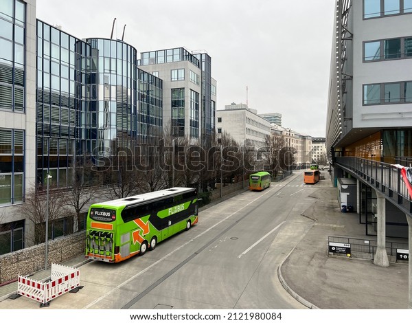 Munich, Bavaria\
Germany - Febuary 9 2022: Parked FlixBus German unicorn bus service\
startup global green\
logo.