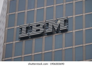 Munich, Bavaria Germany - January 31 2021: IBM International Business Machines Corporation Logo German Headquarters. Watson IoT Center Artificial Intelligence Research And Development Building.