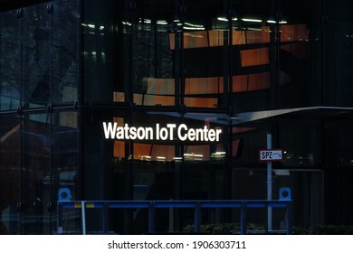 Munich, Bavaria Germany - January 31 2021: IBM International Business Machines Corporation Logo German Headquarters. Watson IoT Center Artificial Intelligence Research And Development Building.