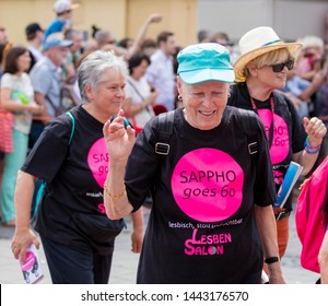 MUNICH, BAVARIA / GERMANY - JULY 14, 2018: Older Women Wearing Tshirts 