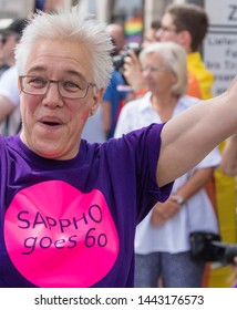 MUNICH, BAVARIA / GERMANY - JULY 14, 2018: An Older Woman Wearing A Tshirt 