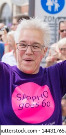 MUNICH, BAVARIA / GERMANY - JULY 14, 2018: An Older Woman Wearing A Tshirt 