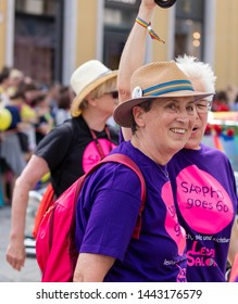 MUNICH, BAVARIA / GERMANY - JULY 14, 2018: Older Women Wearing Tshirts 