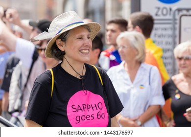 MUNICH, BAVARIA / GERMANY - JULY 14, 2018: An Older Woman Wearing A Tshirt 