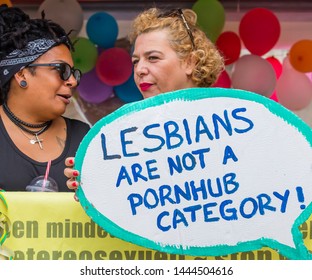 MUNICH, BAVARIA / GERMANY - JULY 14, 2018: Older Women On A Float Holding A Sign Attending The Gay Pride Parade Also Known As Christopher Street Day (CSD) In Munich, Germany.