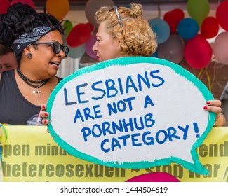 MUNICH, BAVARIA / GERMANY - JULY 14, 2018: Older Women On A Float Holding A Sign Attending The Gay Pride Parade Also Known As Christopher Street Day (CSD) In Munich, Germany.