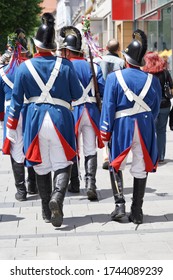 Munich, Bavaria / Germany - June 18, 2017: Group Of Costumed Men In A Traditional Patriotic Uniform Of The Munich Militia With Shouldered Arms Posing At The Festival Of The Foundation Of The Town