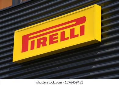 Munich, Bavaria / Germany - May 19, 2018: logo of tire manufacturer PIRELLI in Munich, Germany -  Pirelli & C. S.p.A. is an Italian multinational company based in Milan, Italy