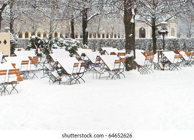 Munich Beer Garden After Winter Snow Storm