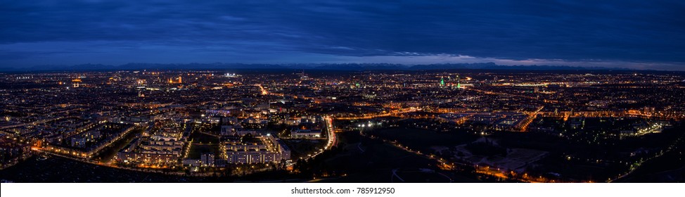 Munich Center Cityscape Night Panoramic Aerial View. Skyline Panorama Captured From Height Of Lookout Viewing Platform On Tv-tower.