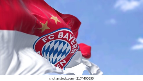 Munich, GER, May 2022: The Bayern Munich Flag Waving In The Wind From Behind. Bayern Munich Is A German Sports Club Based In Munich