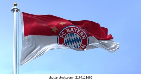 Munich, GER, May 2022: The Bayern Munich Flag Waving In The Wind On A Clear Day. Bayern Munich Is A German Sports Club Based In Munich