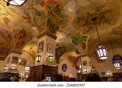 Munich, Germany - 04.07.2022: Famous Hofbräuhaus Traditional Pud Keller In Munich Beautiful Ceiling Wall Painting