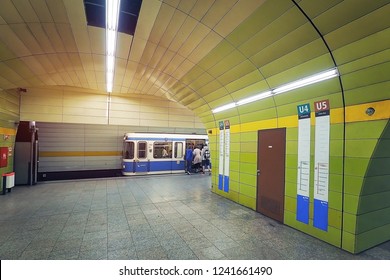 Munich, Germany - 15 JUNE 2018: U Bahn Underground Train Station With People Walking Up On The Old Style Train In Munich City Germany