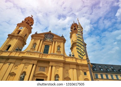 Munich Germany - 17 JUNE 2018: Theatine Church In Munich City Germany Built In Italian High Baroque Style Its Mediterranean Appearance And Yellow Coloring 