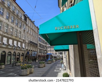 Munich, Germany 17.4.22 Bucherer Watch Maker Shop Selling Luxury Watches In Germany. Luxury Watch Shop In City Center Of Munich.