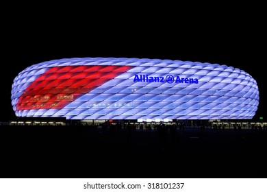 MUNICH, GERMANY - 4 AUGUST 2015: Allianz Arena Is A Football Stadium With A 75,024 Seating Capacity. It Is The First Stadium In The World With A Full Color-changing Color Exterior.