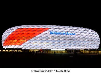 MUNICH, GERMANY - 4 AUGUST 2015: Allianz Arena Is A Football Stadium With A 75,024 Seating Capacity. It Is The First Stadium In The World With A Full Color-changing Color Exterior.