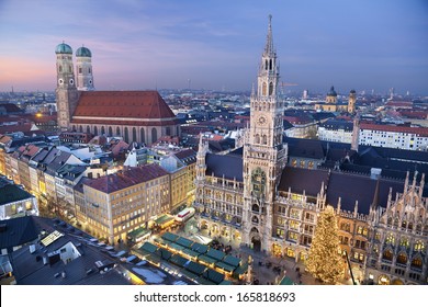 Munich, Germany. Aerial image of Munich, Germany with Christmas Market and Christmas decoration during sunset.