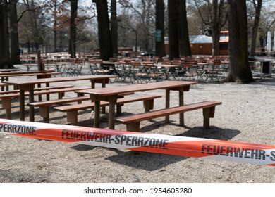 Munich, Germany - April, 11th, 2021: Closed Beer Garden