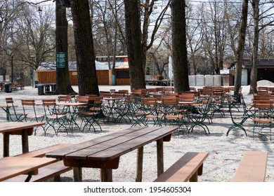 Munich, Germany - April, 11th, 2021: Empty Beer Garden