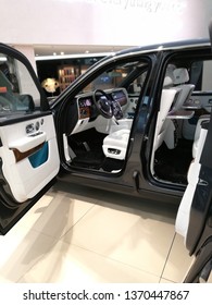 MUNICH, GERMANY - APRIL 14, 2019: Rolls Royce Cullinan Showcased On The BMW Car Show In Munich