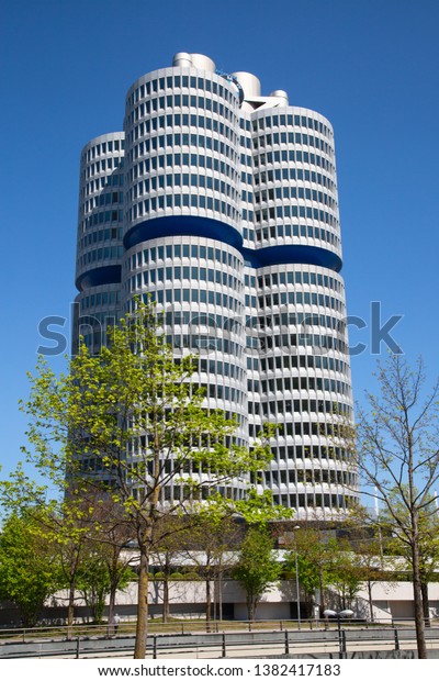 MUNICH - GERMANY April 20,\
2019: Headquarter and museum of famous car maker BMW in Munich,\
Germany. 