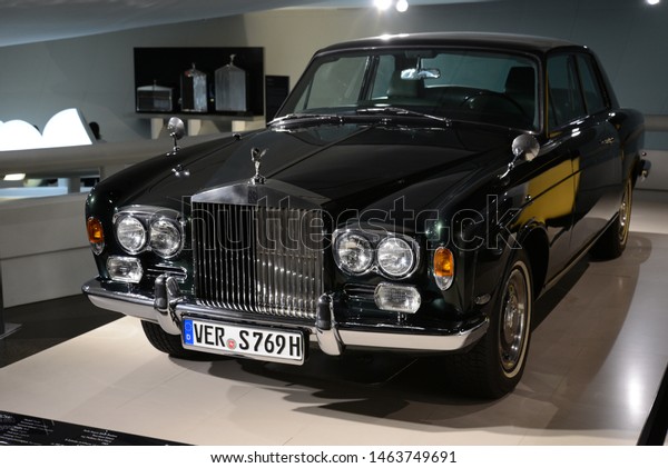 MUNICH, GERMANY - AUGUST 17, 2013: Rolls-Royce\
Silver Shadow Two Door Saloon by H. J. Mulliner Park Ward\
Coachbuilder V8 1969 expensive luxury classic 1960s British car in\
the BMW Museum