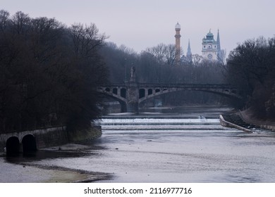 Munich, Germany - December 19,2021: Bridge On The Isar River On Winter Day.