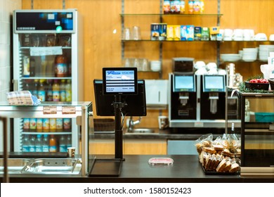 Munich, Germany - Dez. 05. 2019: Empty Cash Desk In Illuminated Store During Night In Munich City. No People In The Frame