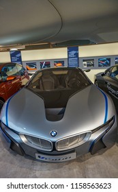 MUNICH, GERMANY, EUROPE - JUNE 2018: The BMW I8 In The BMW Museum. It Is A Plug-in Hybrid Sports Car Developed By BMW. The I8 Is Part Of BMW's Electric Fleet 