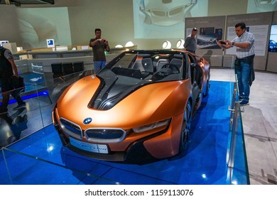 MUNICH, GERMANY, EUROPE - JUNE 2018: The BMW I8 In The BMW Museum. It Is A Plug-in Hybrid Sports Car Developed By BMW. The I8 Is Part Of BMW's Electric Fleet 