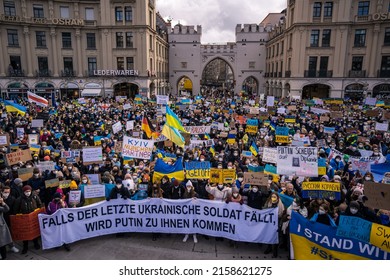 MUNICH, GERMANY - Feb 26, 2022: Thousands Of People Protest In Munich For Peace In Ukraine After Russia Invaded Ukraine  Top Down On Crowd