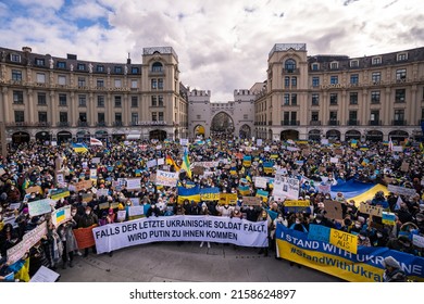 MUNICH, GERMANY - Feb 26, 2022: Thousands Of People Protest In Munich For Peace In Ukraine After Russia Invaded Ukraine  Top Down On Crowd