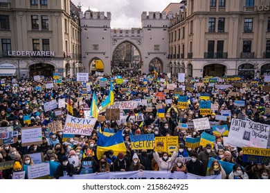 MUNICH, GERMANY - Feb 26, 2022: Thousands Of People Protest In Munich For Peace In Ukraine After Russia Invaded Ukraine  Top Down On Crowd