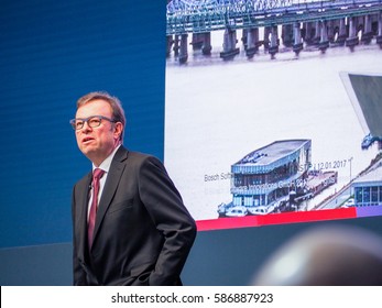 MUNICH, GERMANY - FEBRUARY 16, 2017: Bosch Software Innovations CEO Rainer Kallenbach Delivers An Address To IBM Genius Of Things Summit In Munich, Germany On February 16, 2017.
