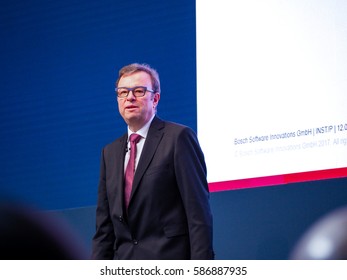 MUNICH, GERMANY - FEBRUARY 16, 2017: Bosch Software Innovations CEO Rainer Kallenbach Delivers An Address To IBM Genius Of Things Summit In Munich, Germany On February 16, 2017.
