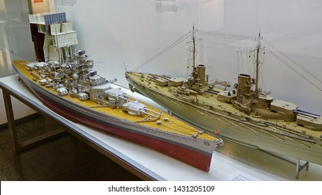 MUNICH, GERMANY - FEBRUARY 2, 2016: Miniature Model Of The German Battleship Bismarck, The Famed Ship Was Commissioned Into The German Fleet In August 1940.                             