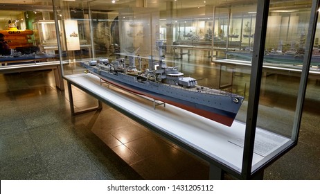 MUNICH, GERMANY - FEBRUARY 2, 2016: Miniature Model Of The German Battleship Bismarck, The Famed Ship Was Commissioned Into The German Fleet In August 1940.                             