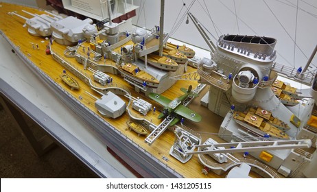 MUNICH, GERMANY - FEBRUARY 2, 2016: Miniature Model Of The German Battleship Bismarck, The Famed Ship Was Commissioned Into The German Fleet In August 1940.                             