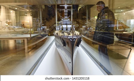 MUNICH, GERMANY - FEBRUARY 2, 2016: Miniature Model Of The German Battleship Bismarck, The Famed Ship Was Commissioned Into The German Fleet In August 1940.                             