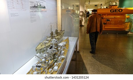 MUNICH, GERMANY - FEBRUARY 2, 2016: Miniature Model Of The German Battleship Bismarck, The Famed Ship Was Commissioned Into The German Fleet In August 1940.                             