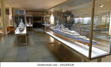 MUNICH, GERMANY - FEBRUARY 2, 2016: Miniature Model Of The German Battleship Bismarck, The Famed Ship Was Commissioned Into The German Fleet In August 1940.                             